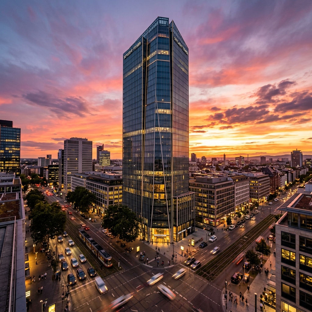 Glass skyscraper in city at sunset with colorful sky and busy streets
