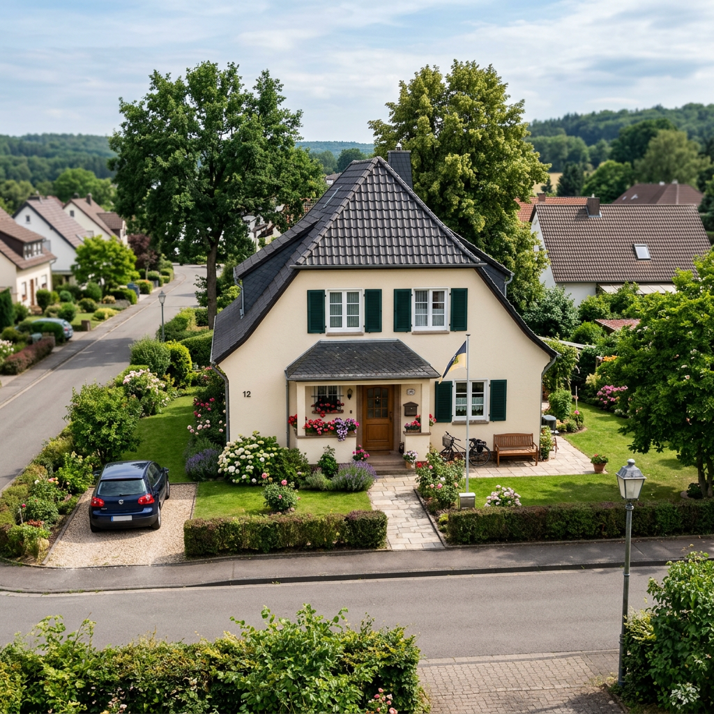 Suburban house with cream walls, dark roof, green shutters, flower garden, and a blue car parked