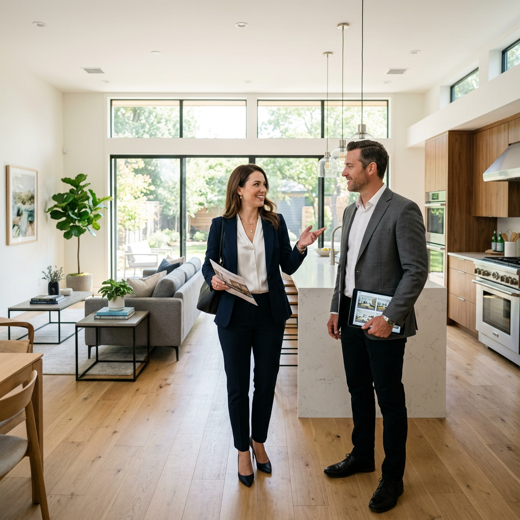 Two real estate agents standing in a bright modern kitchen, talking and holding property brochures and a tablet.
